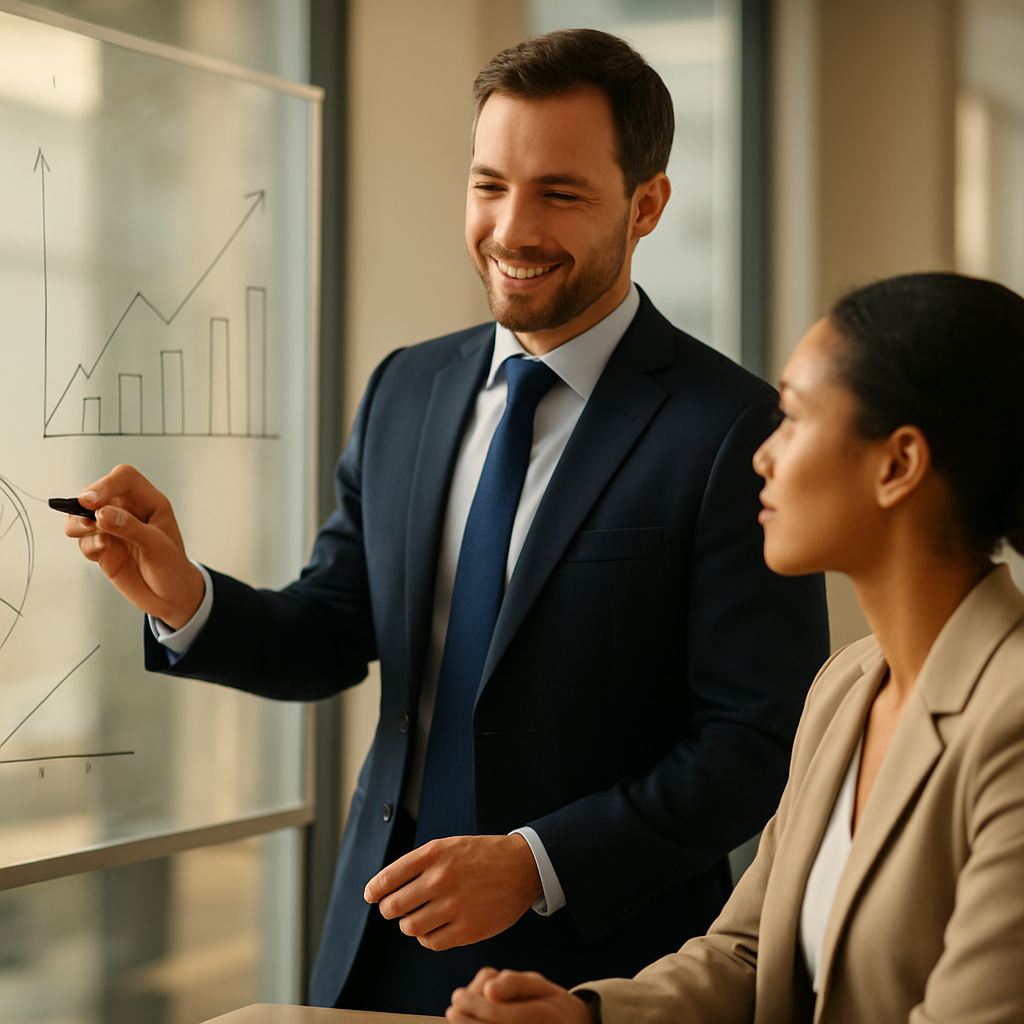 Business growth consultant presenting a tailored strategy to a client